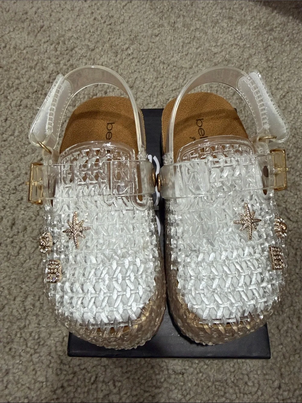 bebe Girls Clear Woven Jelly Platform Mules with Gold Accents